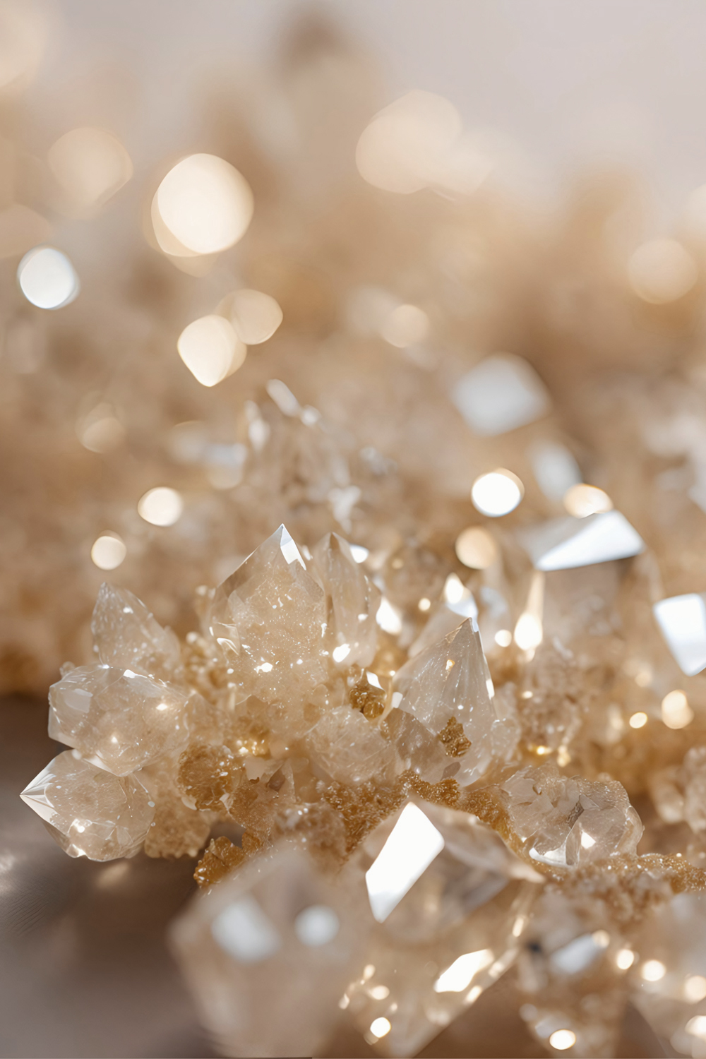 Beauty archetypes Crystal Ethereal Soignée. Nature and Quiet Luxury in a close-up of champagne quartz crystals.