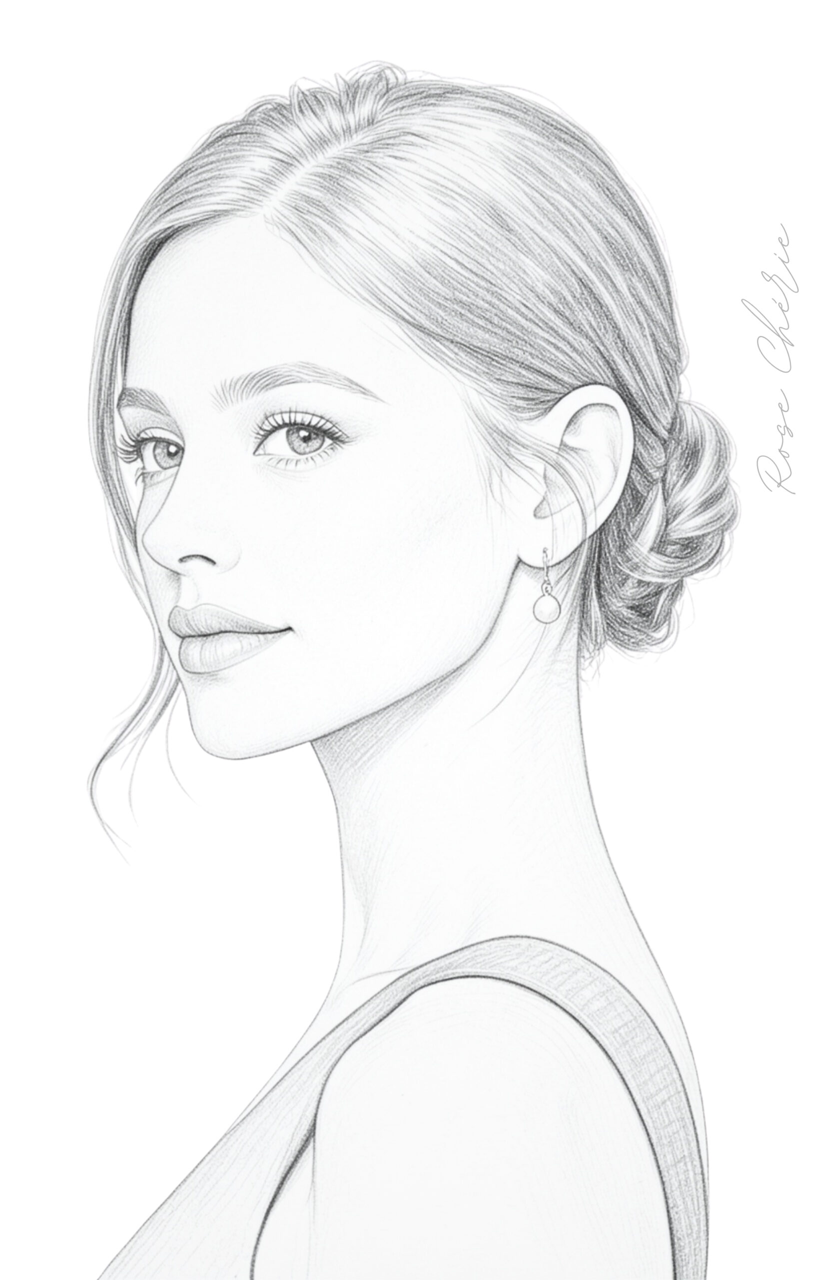Beauty archetypes Rose Ethereal Chérie. Facial features on a woman portrait in an original pinup sketch.