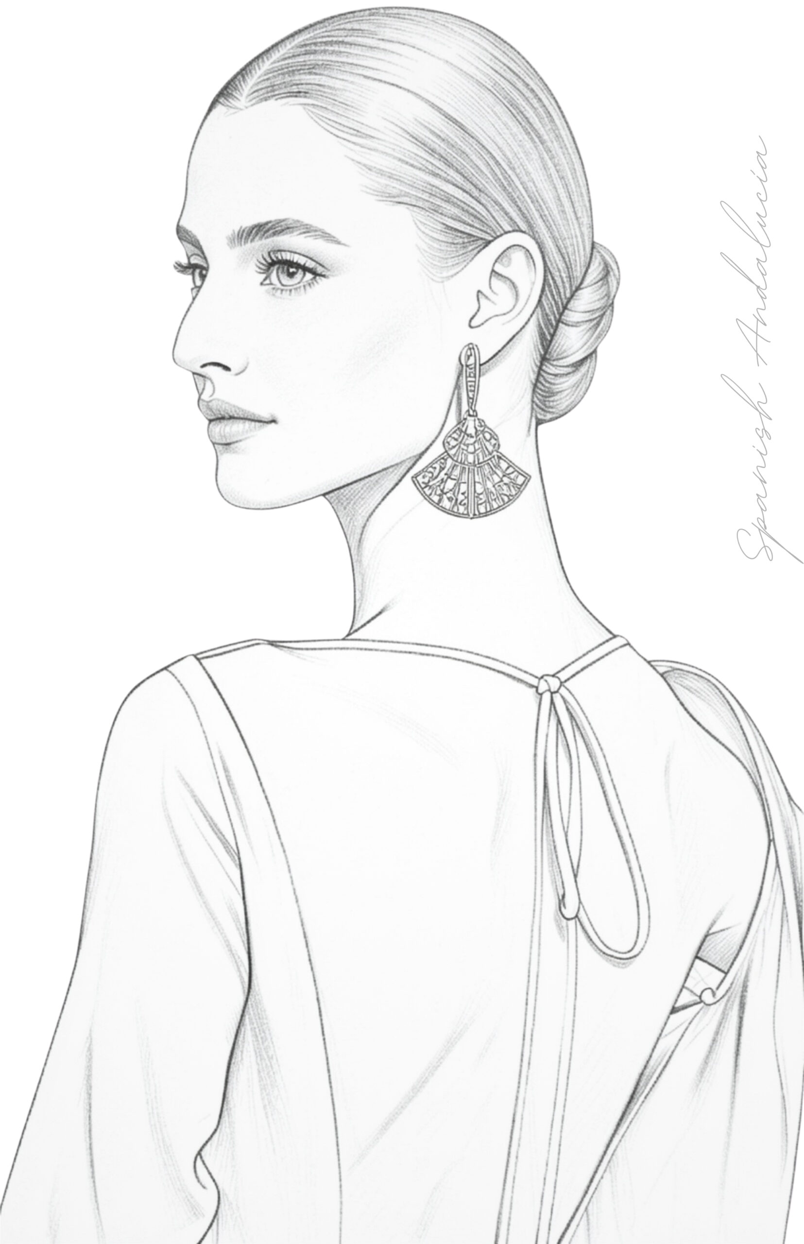 Beauty archetypes Spanish Ethereal Andalucía. Facial features on a woman portrait in an original flamenco style sketch.